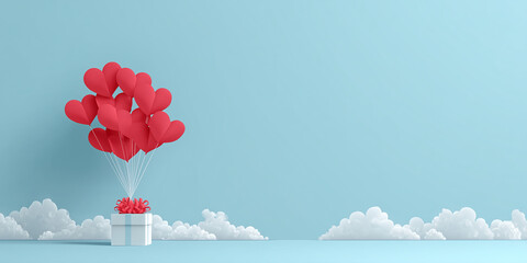Romantic gift box soaring with heart shaped balloons