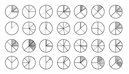 Thirty stylized pie charts, each segmented differently, rendered in simple black outlines. Varied percentages visually represented in the circular diagrams