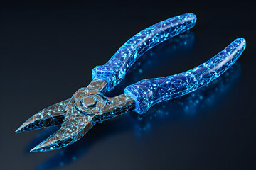 Digital pliers with a glowing wireframe design are shown on a dark background to highlight the modern technology and innovation in tools