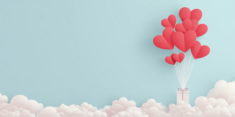 Heartfelt gift presentation with red heart balloons floating on clouds