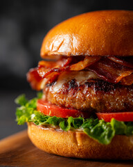 Delicious bacon cheeseburger with melted cheese and fresh lettuce