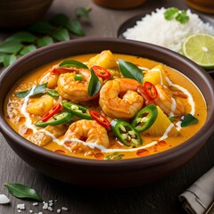 Delicious thai shrimp curry with vegetables and rice