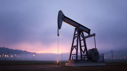 An oil pumpjack is silhouetted against a twilight sky with fog and distant lights