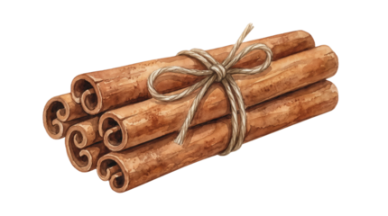 A bundle of cinnamon sticks tied with twine on transparent background