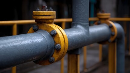 Close up of industrial gray pipes with yellow flanges and bolted connections featuring textured metal surfaces within a factory or plant environment
