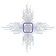 Digital illustration of a brain encased in a blue square, surrounded by colorful circuit board lines on a white background with a technological theme.