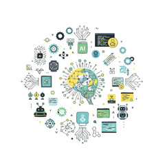 Flat lay illustration of various technology and business icons arranged in a circular pattern around a central globe on a white background with a mix of bright and pastel colors.