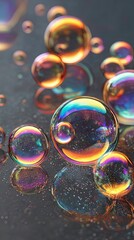 Iridescent Soap Bubbles Floating on a Dark Wet Surface with Colorful Reflections