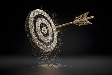 Concept of precision with a wireframe target and arrow shot in a dark space