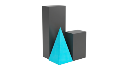 Abstract geometric arrangement of grey rectangular prisms and a blue pyramid