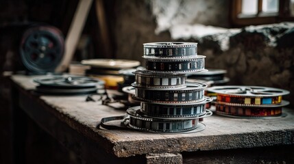 A stack of vintage film reels sits on a rustic wooden table, surrounded by other reels in a dimly lit, atmospheric environment.