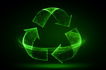 Recycling symbol made of bright green lines against a dark background showing focus on sustainability