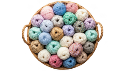 Basket full of colorful yarn balls isolated on transparent background