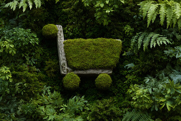 Moss covered cart placed in green plants in an outdoor garden setting during daylight hours