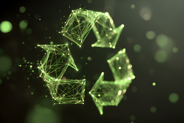 Digital art showing a green recycling symbol made of lines and dots in a dark background during a creative design session
