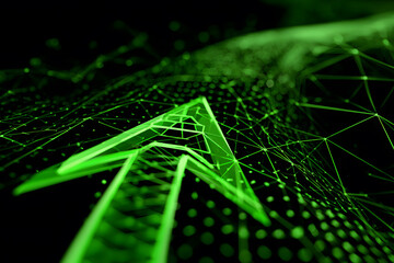 Green arrow shape on a dark background with lines and dots representing a digital network in a modern design