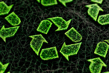 Green recycling symbols made of lines and shapes on a dark background at nighttime