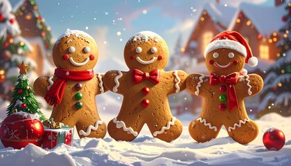 Three animated gingerbread men stand in snow, wearing festive accessories, with a decorated tree and buildings in the blurred background