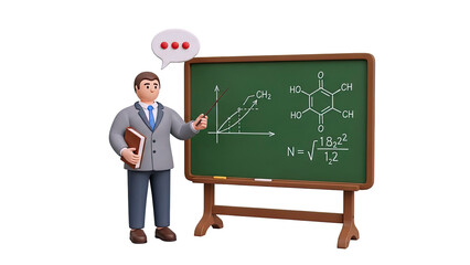 Cartoon Teacher Explaining Chemistry and Math Formulas on a Chalkboard