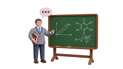 Cartoon Teacher Explaining Chemistry and Math Formulas on a Chalkboard
