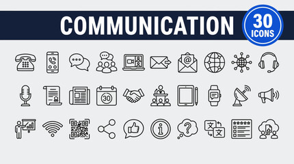Comprehensive Communication Icon Set: 30 vector icons for messaging, calls, email, world connectivity, and digital networking in UI/UX design
