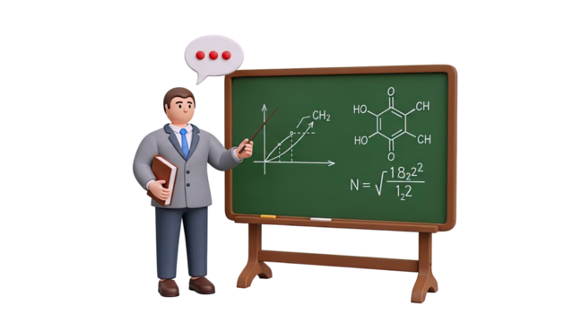 Cartoon Teacher Explaining Chemistry and Math Formulas on a Chalkboard - Powered by Adobe