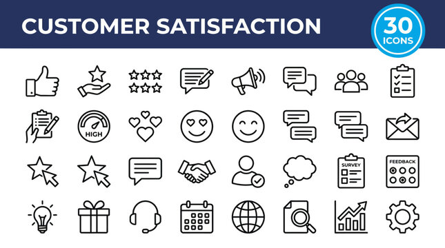 Comprehensive collection of customer satisfaction icons and UI elements, featuring thumbs up, star ratings, chat, calendar, headset, gifts, and analytics graphics for feedback and support.