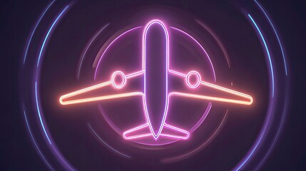 Neon Airplane Icon with Glowing Digital Circles on Dark Background