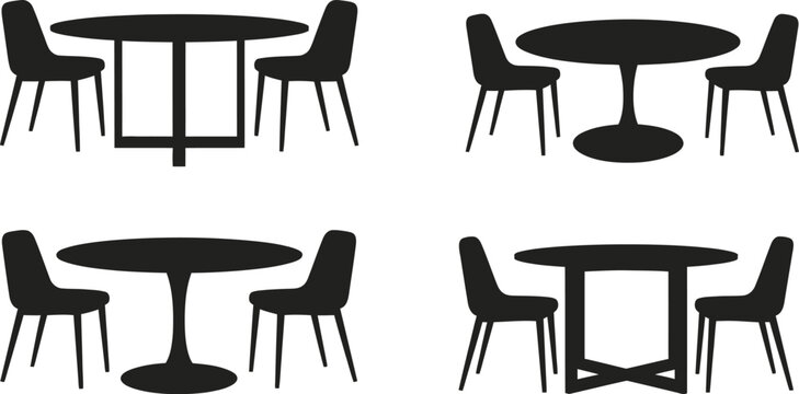 Four black furniture set arrangements with chairs and tables on transparent background silhouette