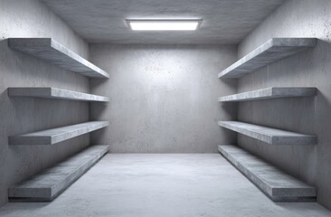 Empty Concrete Room with Industrial Shelves and Fluorescent Light