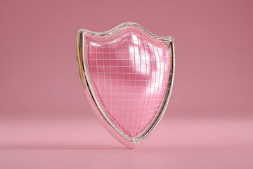 Shield design with grid pattern on pink background during daylight hours in a studio setting