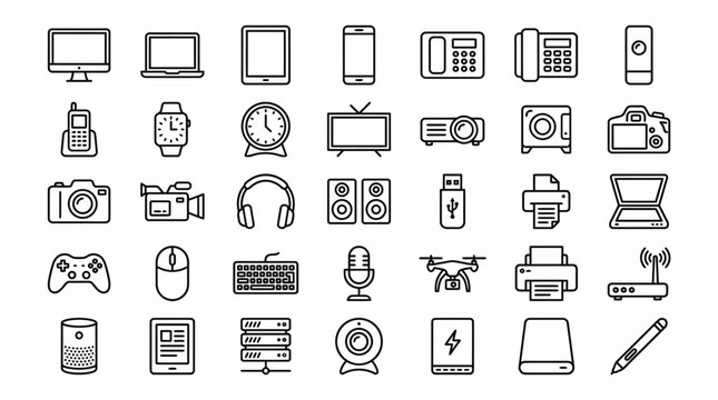 Comprehensive set of electronics and gadgets icons including smartphones, tablets, laptops, desktops, cameras, headphones and accessories - vector illustrations