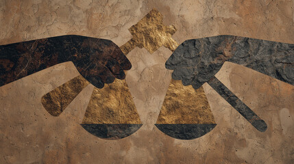 Two hands holding scales and gavel on textured background