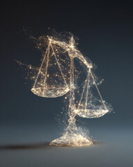 Glowing scales of justice with sparkling golden light particles