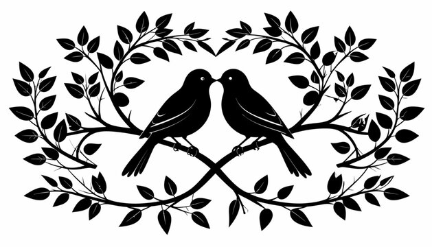 A silhouette of two birds perched on intertwined branches of a tree with leaves, symbolizing love and nature