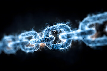 Electric chain links connected in a dark space with glowing effects and sparks