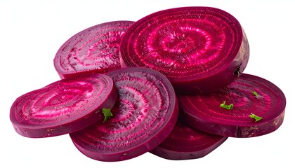 Sliced, vibrant red beetroot showing concentric rings, white background