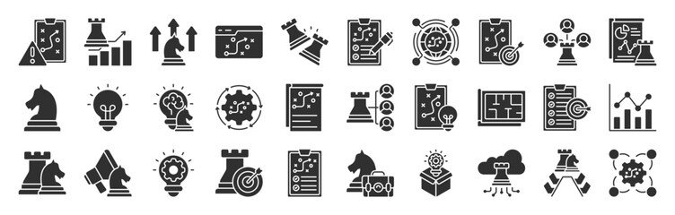 Types of Strategy glyph style editable icon set collection. icons related to business and strategic management : Business, Operational, and more. Editable icon set. Vector illustration