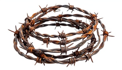 Fototapeta premium Coiled, rusty strands of barbed wire, sharp spikes facing outwards