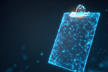 Digital clipboard with connected lines and dots, representing data and technology in a modern setting