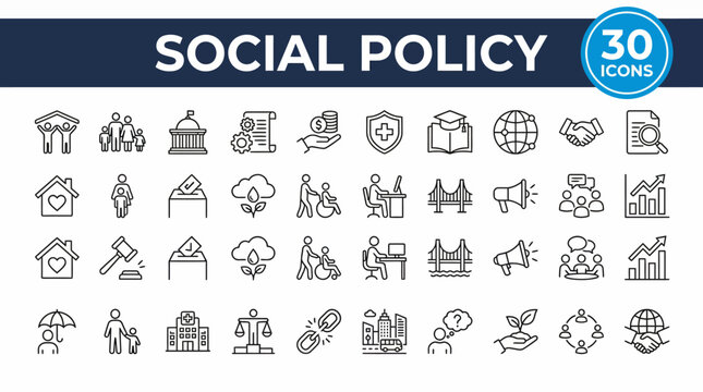 Comprehensive set of social policy icons illustrating welfare, healthcare, education, housing, employment and public services for visual policy graphics and infographics.