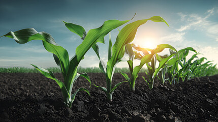 Vast green field of young corn plants growing under bright summer sun 