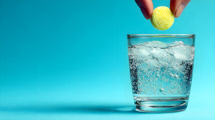 Fingers holding yellow effervescent tablet over still glass of cold bubbly water 