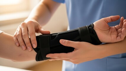 Close-up of a person's arm being fitted with a wrist brace for support and recovery from injury or strain
