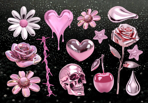 3D Pink Chrome Element Set