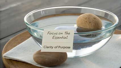 A smooth pebble rests in a clear glass bowl with water