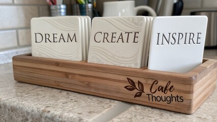 Ceramic coasters with inspiring words in a wooden holder