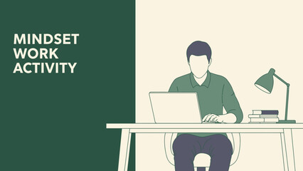 Man working at desk with laptop, lamp, and books, focused mindset for activity