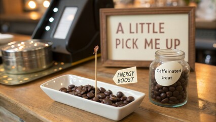 Chocolate covered coffee beans in dish with energy boost sign