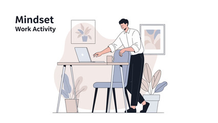 Fototapeta premium Man working at desk, modern office, focused mindset, laptop and plants